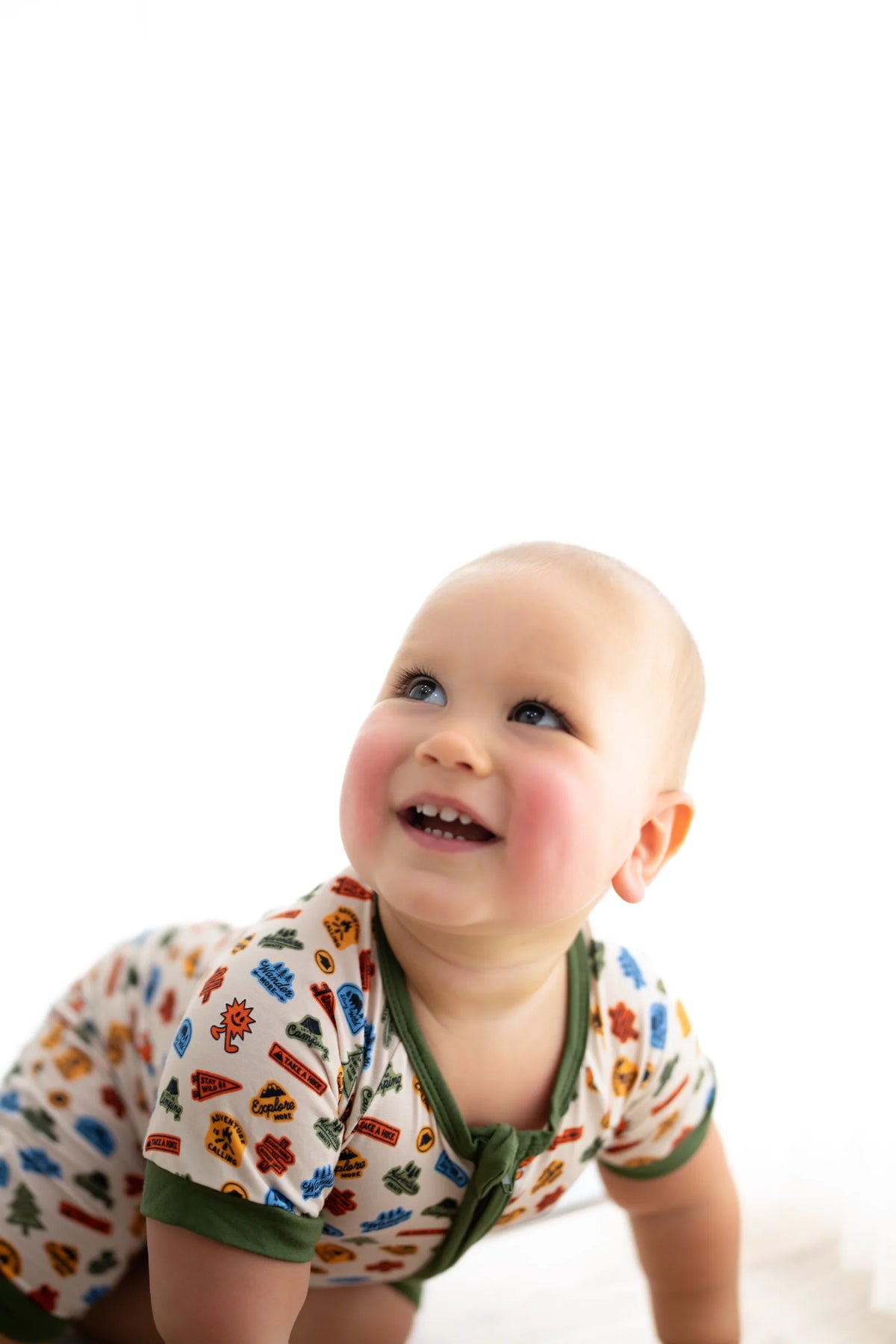 Sonny crawling in the Summer Camp Onesie